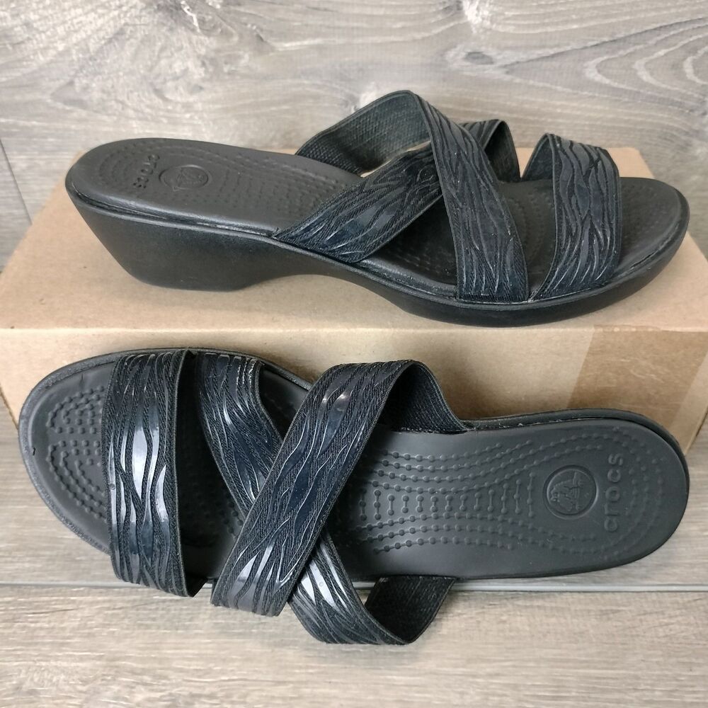 Crocs Sandals Women 8 Black Molalla II Comfort Strappy Slip On Beach Slide Wedge